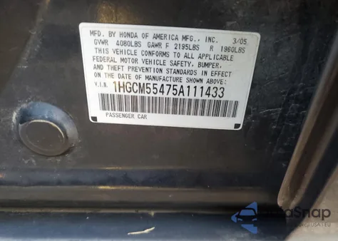 2005 Honda Accord Lx из США, поврежденный, VIN 1HGCM55475A111433